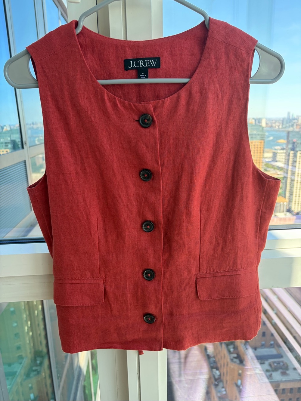 J. Crew Red-Orange Sleeveless Linen Button-Front Vest